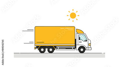 A yellow delivery truck driving under a sunny sky with a white face