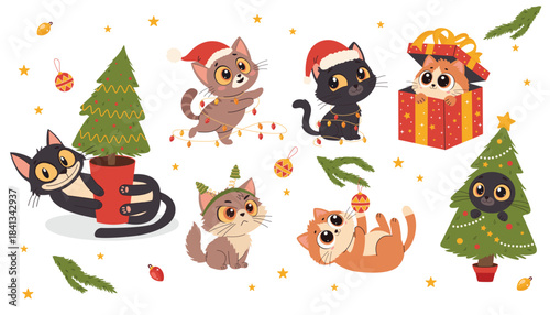 	
Christmas cats set. Kittens celebrating New Year’s holidays. Vector doodle cartoon illustration of cute pets wearing costumes, playing with Christmas ornaments. Isolated print for stickers and decor