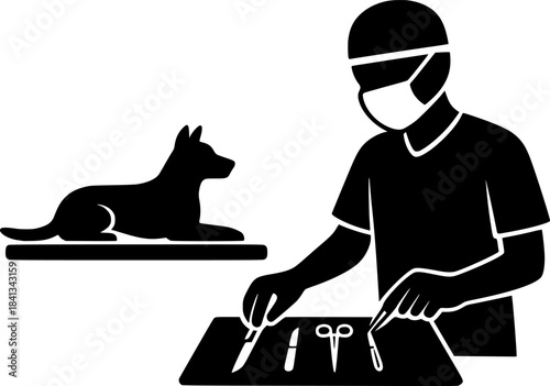 Animal Surgery Preparation Silhouette, Veterinary Operation Tools and Medical Procedure Icon Set