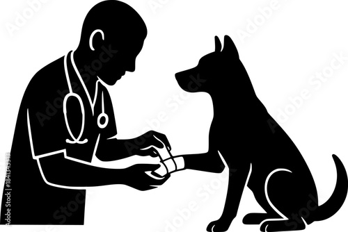 Vet Bandaging Animal Silhouette, Professional Pet Injury Treatment in Minimal Vector Style