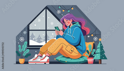 Happy girl texts on phone in a snug room decorated for Christmas as snow falls outside