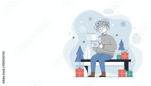 Confused person uses a tablet overwhelmed by stress and complex thoughts during holiday shopping or winter tasks