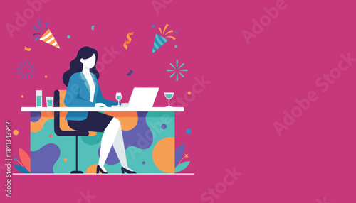 Woman working on laptop during an office party or success celebration
