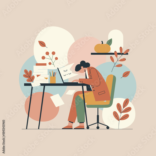 Burnout concept Exhausted professional sleeping at desk overwhelmed by autumn workload