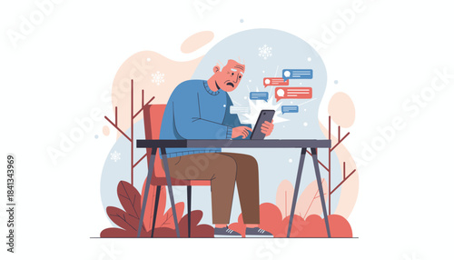 Elderly man overwhelmed by social media notifications on his mobile phone