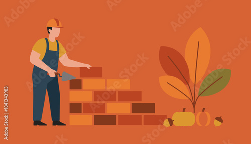 Construction worker building a brick wall with fall leaves and pumpkins Labor building and autumn theme