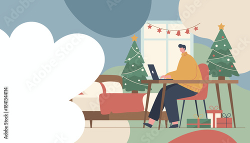 Working from home during Christmas holidays Man uses a laptop surrounded by decorations and gifts