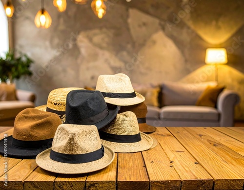 Stacked hats on a wooden table, blurred interior background