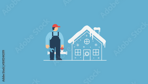 Winter home plumbing service Professional technician stands next to a snowy house