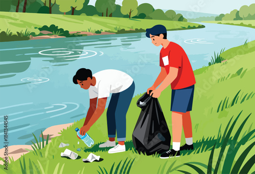 Two boys clean up litter by a river bank, collecting trash in a bag