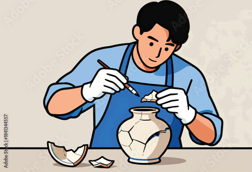 Person carefully restoring a cracked ceramic vessel with a brush and fragmented pieces