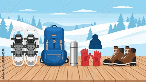 Winter sports equipment on a wooden deck with a scenic snowy background including skis, backpack, thermos, gloves, hat, and boots