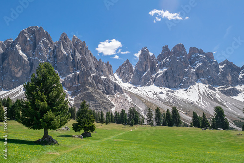 Geisleralm, Adolf-Munkel-Trail, Italian Dolomites, cliffs, and green pasture in spring