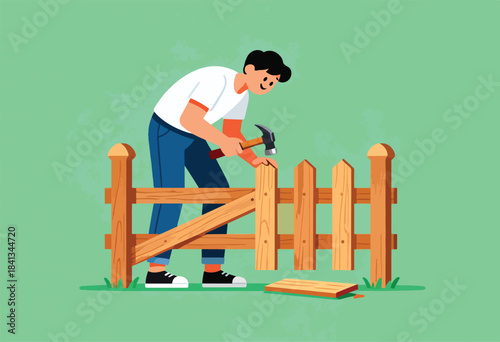 A person uses a hammer to fix a wooden fence with a green background