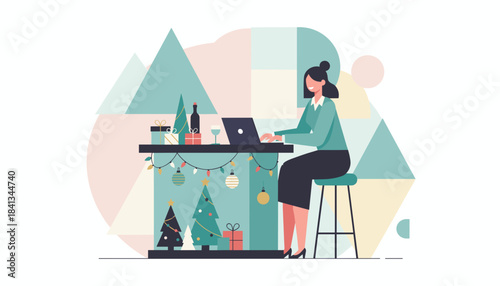 Remote working woman uses laptop amidst festive Christmas decorations and gifts