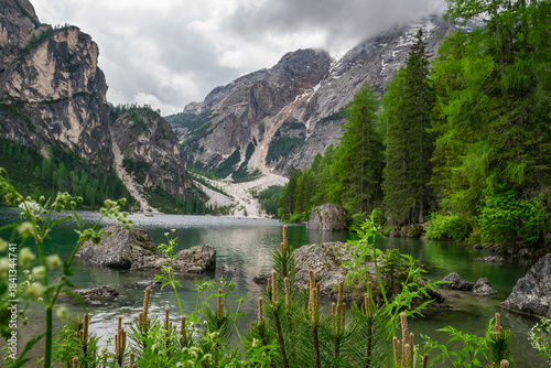 Lake Braies on a rainy day, Italian Dolomites