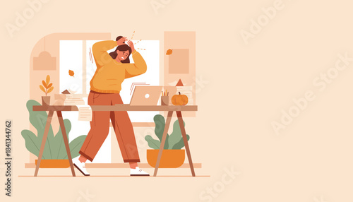 Overwhelmed woman dealing with work stress and burnout at her standing desk in an autumn home office illustration