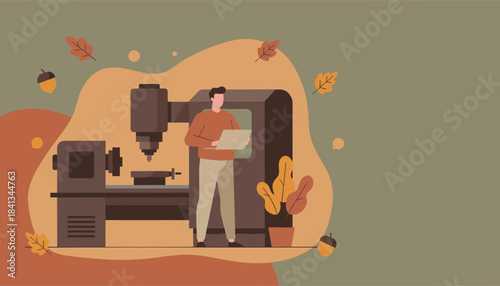 Engineer uses laptop to program CNC milling machine in an automated factory setting autumn theme