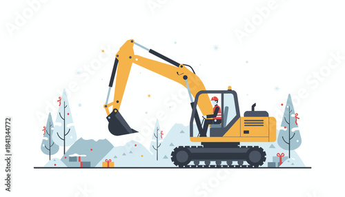Yellow excavator working in a snowy winter landscape decorated for Christmas Holiday construction concept
