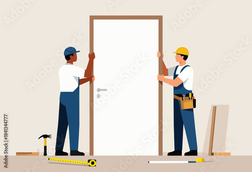 Two men installing a new door frame with tools on a plain background