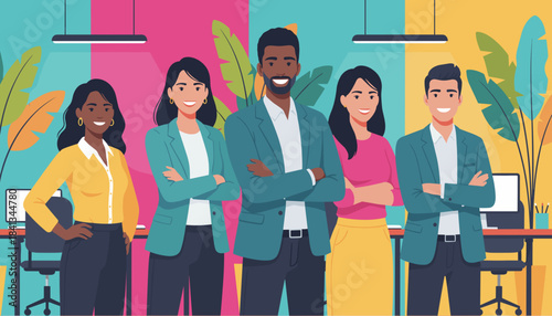 Diverse business team standing confidently in a modern vibrant office setting
