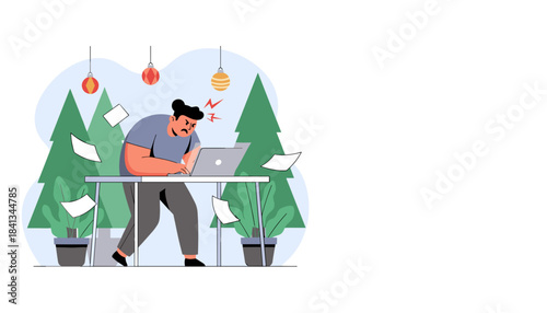 Angry man stressed working fast on laptop with flying paperwork holiday season burnout concept