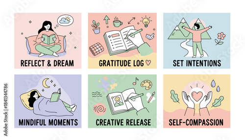 Set of six pastel doodle icons illustrating selfcare mental wellness and mindful daily habits