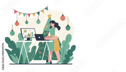 Businesswoman working on data analysis in a festive office setting during the winter holidays