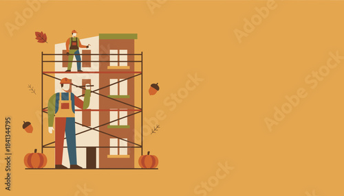 Autumn construction and renovation Workers on scaffolding repair a city building Seasonal maintenance flat illustration