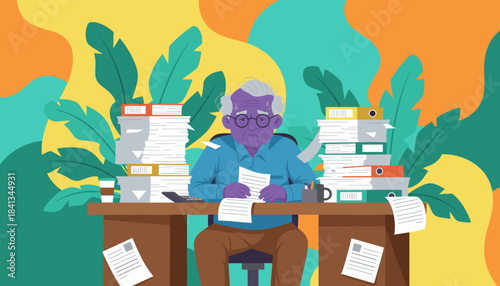 Stressed elderly man buried under giant piles of documents and binders illustrating burnout and bureaucracy