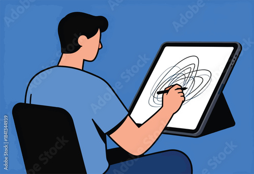 Person drawing abstract shapes on a digital tablet screen