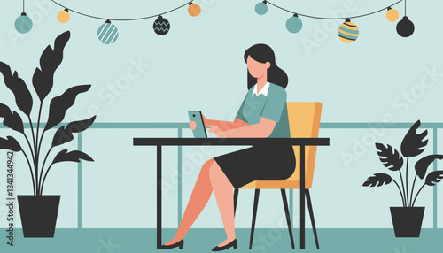 Professional woman using tablet outdoors on a modern patio Freelance work communication and digital lifestyle