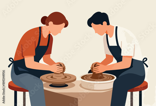Two people at pottery wheels, focused on shaping clay