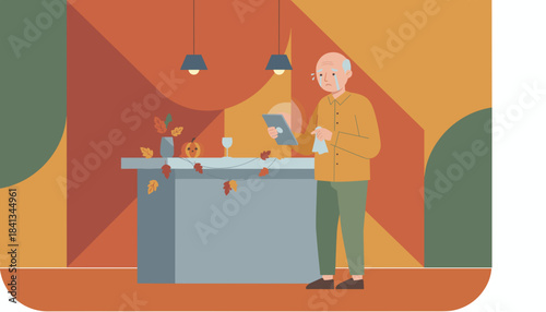 Crying senior man reading sad news on a tablet in an autumn decorated interior symbolizing solitude