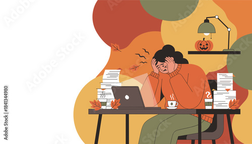Burnout working late on autumn deadlines Woman stressed by heavy paperwork and laptop