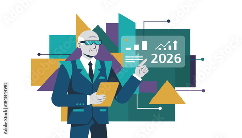 Executive forecasting 2026 business growth using futuristic augmented reality data charts