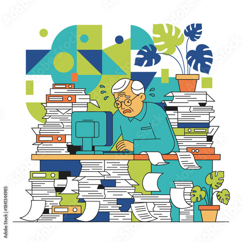 Stressed senior employee buried under a massive pile of office documents representing workload and burnout