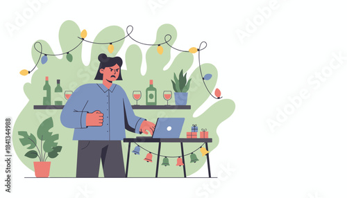 Stressed woman works on laptop at a festive party illustrating holiday work and frustration