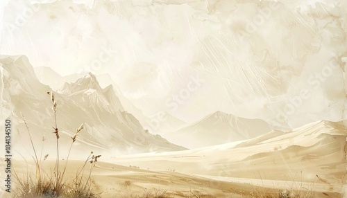 An ethereal, sepia-toned landscape painting featuring arid mountains and foreground grasses under a bright sky.