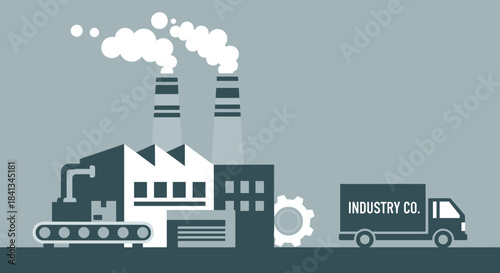 Corporate industrial landscape with factory smokestacks conveyor system and logistics truck