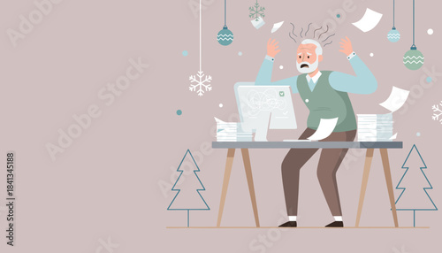 Deadline chaos Senior man panics at his desk surrounded by Christmas decorations