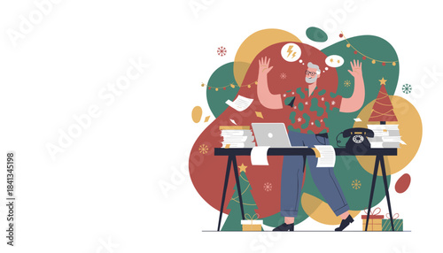 Senior man stressed by holiday work deadlines and paperwork chaos