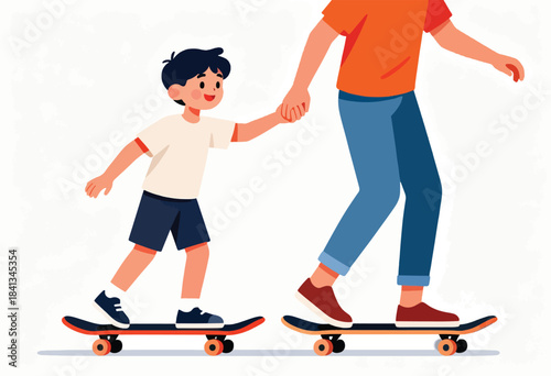 Child and adult holding hands while skateboarding