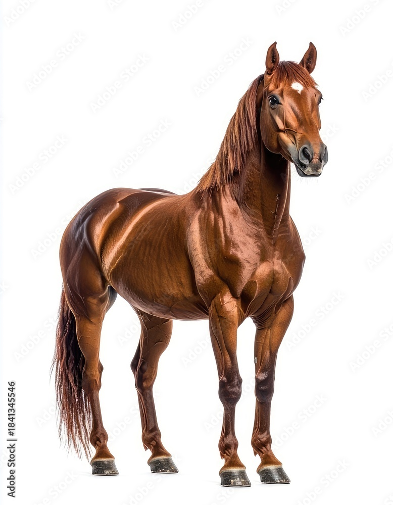 Obraz premium A striking chestnut horse stands isolated against a clean white background.