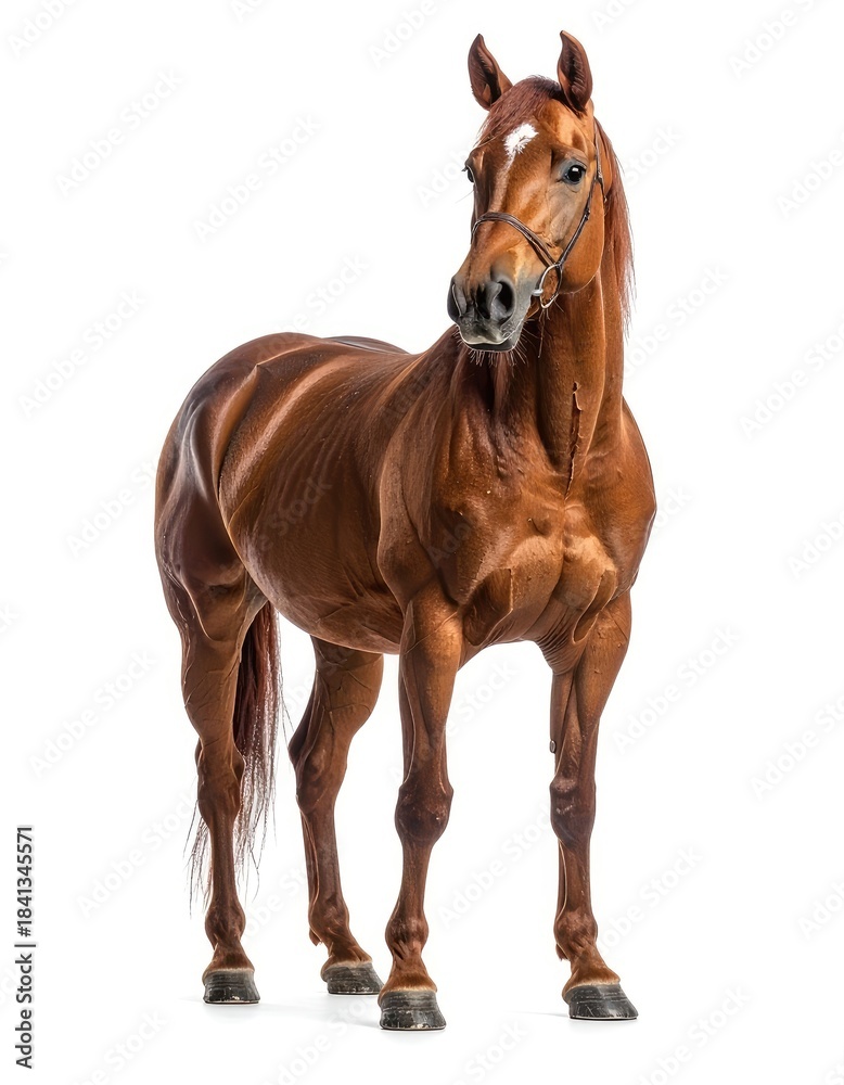Fototapeta premium A stunning portrait of a muscular chestnut horse isolated on a white background.