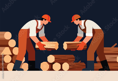 Two workers in overalls and hard hats handle logs against a dark blue backdrop