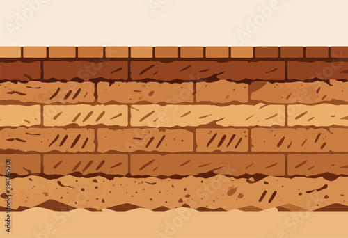 Textured brick wall with sandy ground layers below