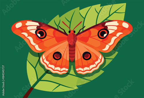 A vibrantly illustrated moth with orange wings and eye spots rests on a green leaf