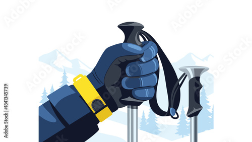 A blue gloved hand holding a ski pole with a yellow wrist strap on a