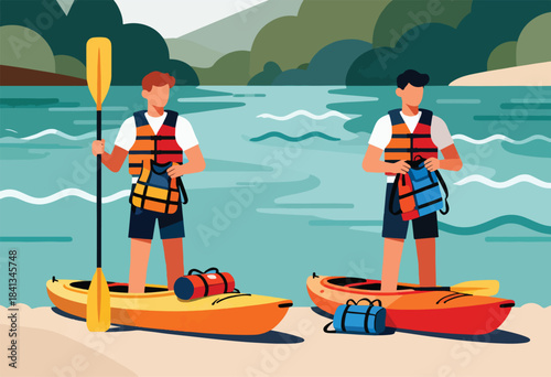 Two men in life vests on kayaks with paddles and bags on a beach